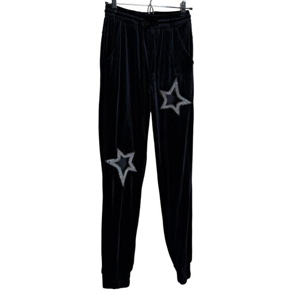 Rehab Jogger Pants Women Small Black Velvet Velour Embellished Star Comfort Cozy - Picture 1 of 14
